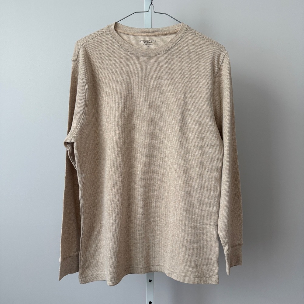 STRUCTURE sz M Mens Long Sleeve Thermal‎ Knit Slim Fit Shirt Beige Casual